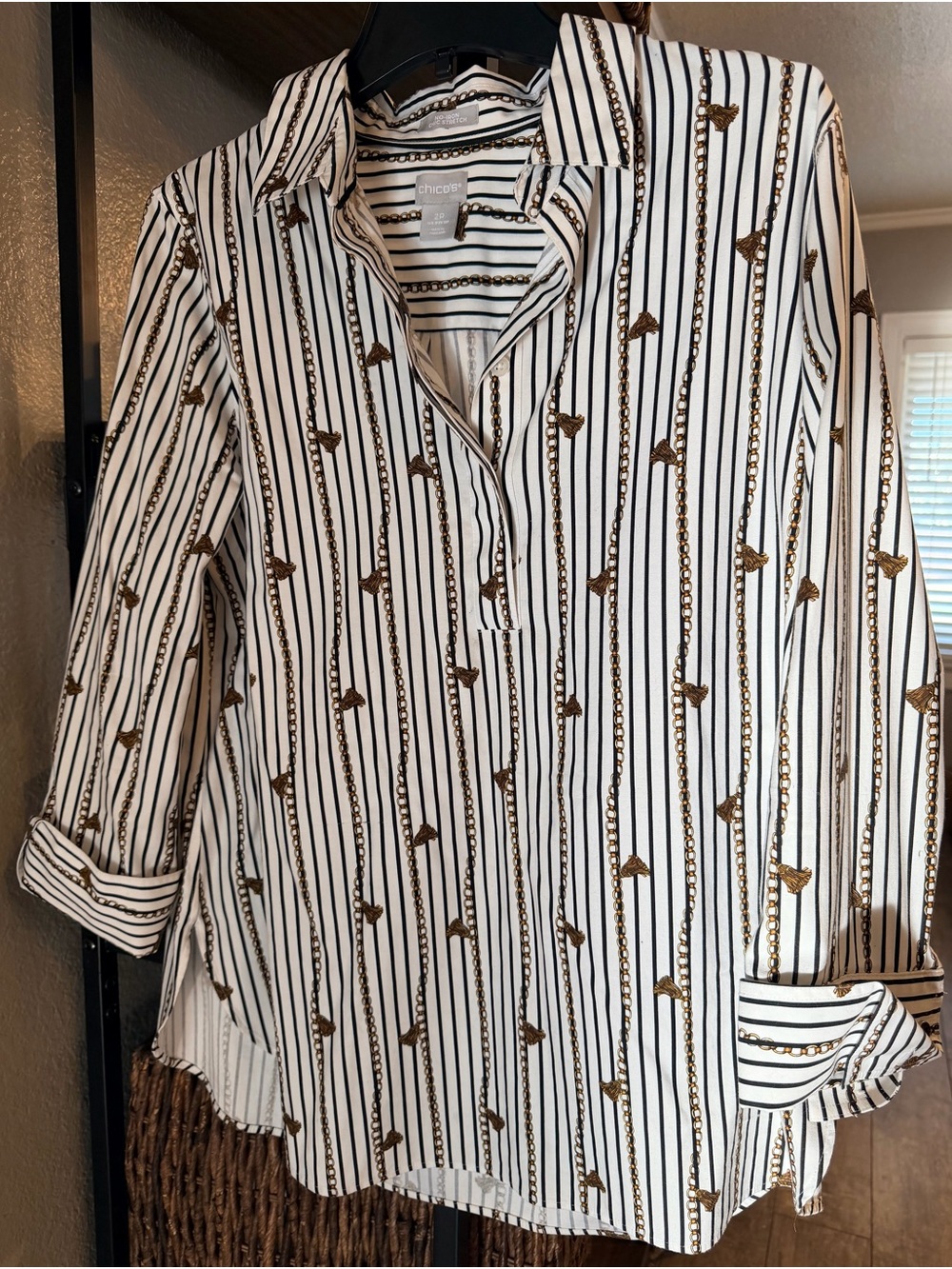 Chico's White Striped Button-Down with Gold Chain Motif